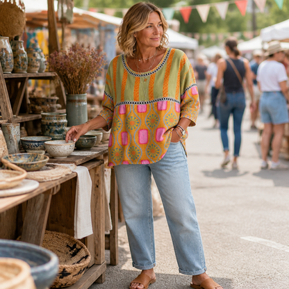 VivaLuxe™ – Boho Mixed-Print Loose-Fit Top with Three-Quarter Sleeves