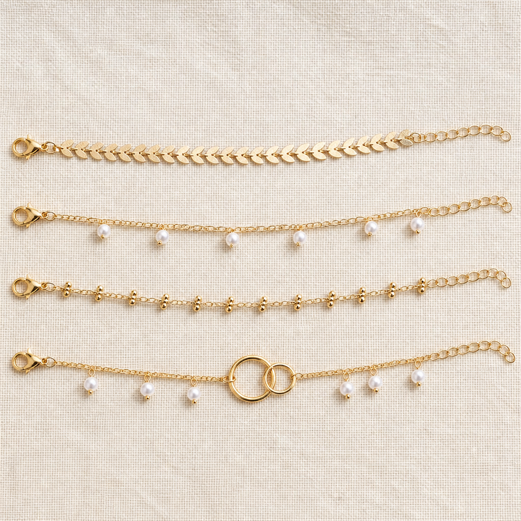 RadianceAura™ – Layered Gold-Plated Bracelets Featuring Pearl & Laurel Accents