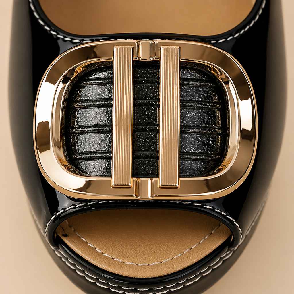 VivantaStrut™ – Striking Chunky Platform Slingback Heels with Golden Buckle