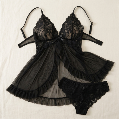 Soirée™ – Lace V-Neck Babydoll Set Featuring Sheer Mesh Skirt