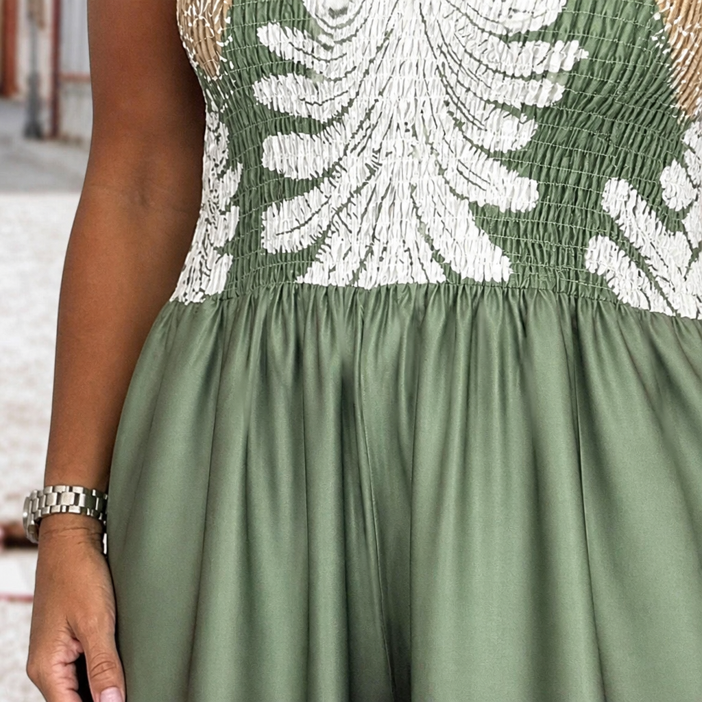 SolaraBreeze™ – Strapless Palazzo Jumpsuit with Tropical Palm Print