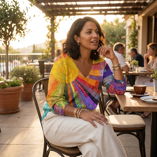 LuxeVera™ – Radiant Sunburst Patchwork V-Neck Top