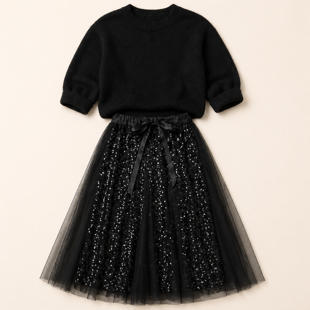 Soraya™ – Sparkling Sequin Tulle Midi Skirt & Soft Knit Sweater Set