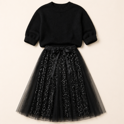 Soraya™ – Sparkling Sequin Tulle Midi Skirt & Soft Knit Sweater Set