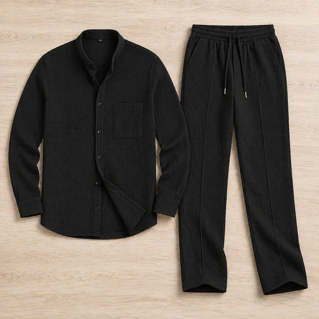 AnyWear™ – Comfortable Waffle-Knit Shirt and Pants Set with Mandarin Collar
