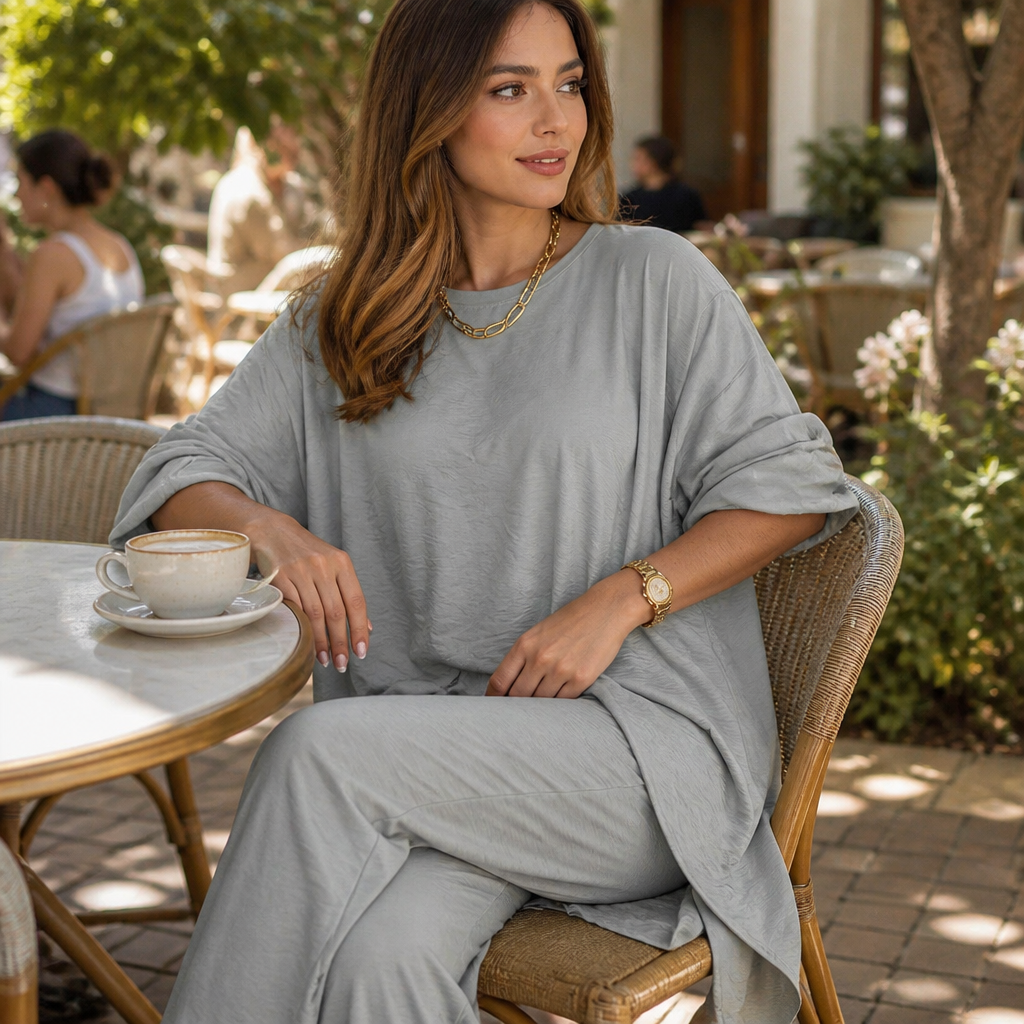 TrueStyle™ – Laid-Back Two-Piece Outfit with Asymmetric Hem & Wide-Leg Trousers
