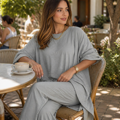 TrueStyle™ – Laid-Back Two-Piece Outfit with Asymmetric Hem & Wide-Leg Trousers
