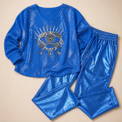 LumaDaze™ – Shimmering Metallic Pant Set with Sequin Evil Eye Top