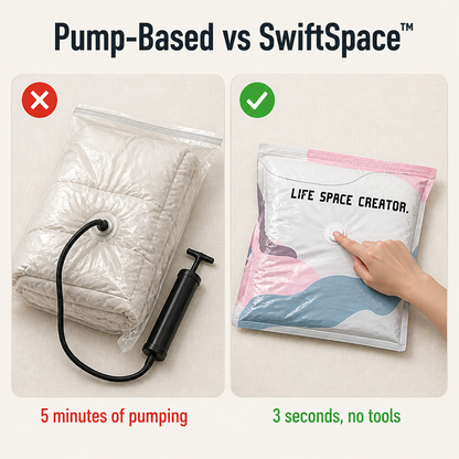 SwiftSpace™ — Squash Comforters, Coats & Bedding to One-Fifth Their Size, No Pump Needed