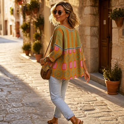 VivaLuxe™ – Boho Mixed-Print Loose-Fit Top with Three-Quarter Sleeves