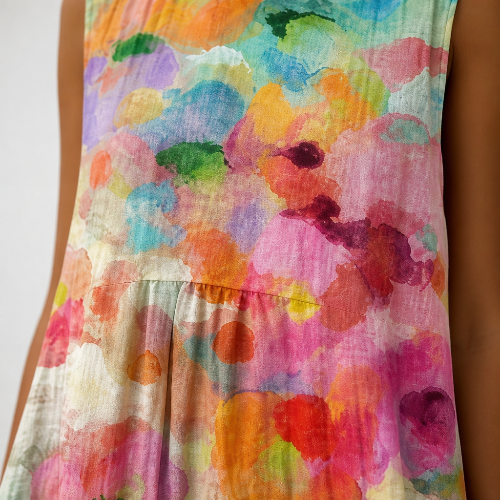 Radianta™ – Sleeveless Midi Dress with Watercolor Print and Side Pockets
