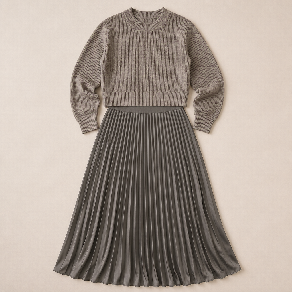 VelaLift™ – Stylish Pleated Maxi Skirt Set Paired with Cropped Knit Top