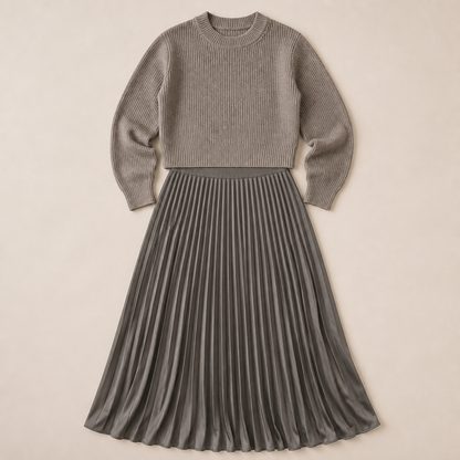 VelaLift™ – Stylish Pleated Maxi Skirt Set Paired with Cropped Knit Top