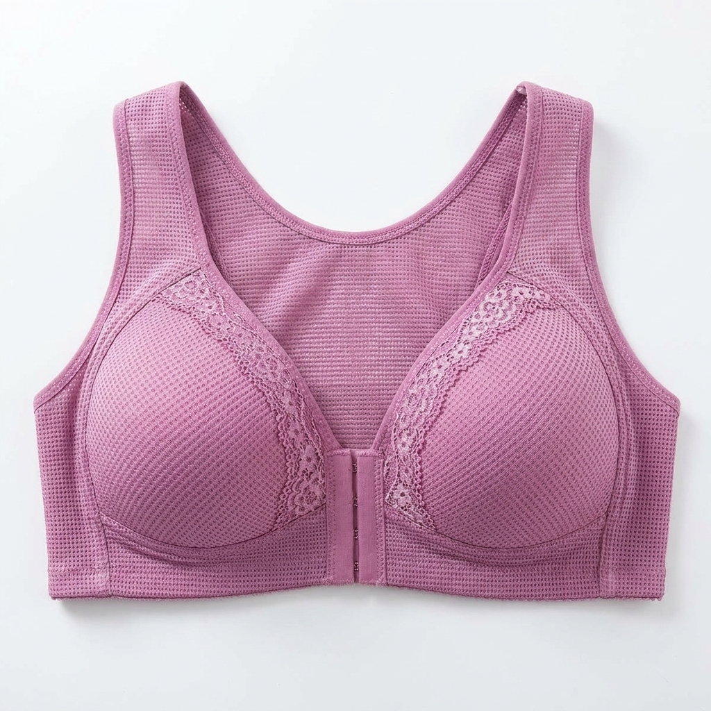 VivaFemme™ – Lace-Accented Wireless Bra with Front Closure