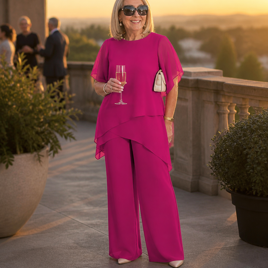 SerenLuxe™ – Stylish Chiffon Two-Piece Ensemble with Asymmetrical Layered Top