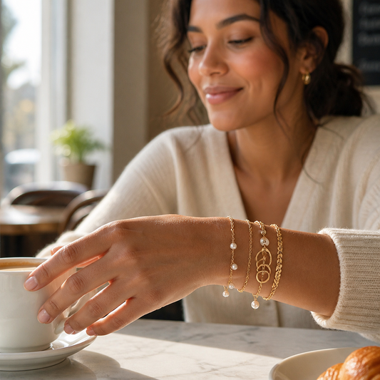 RadianceAura™ – Layered Gold-Plated Bracelets Featuring Pearl & Laurel Accents