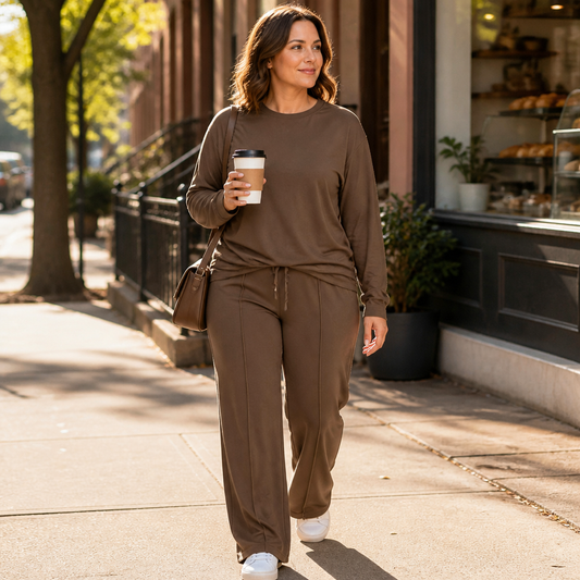 ElysianEase™ – Comfortable Long Sleeve Shirt & Wide-Leg Trousers Set