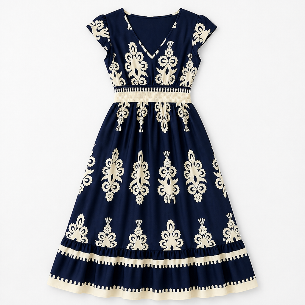 LuminaSway™ – Retro Baroque Pattern V-Neck Maxi Dress