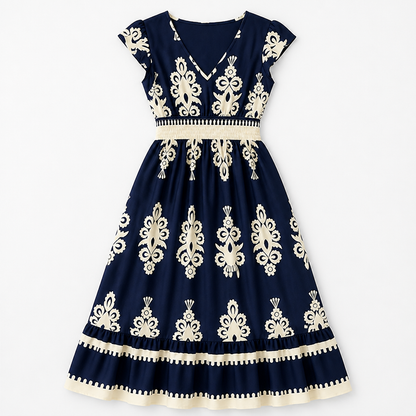 LuminaSway™ – Retro Baroque Pattern V-Neck Maxi Dress