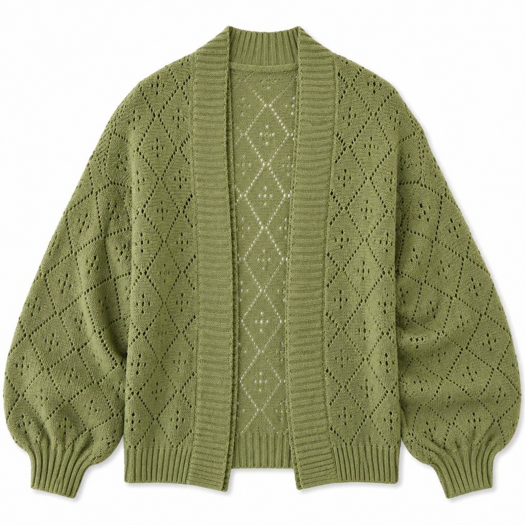 AerieLuxe™ – Hollow Knit Shawl Cardigan with Open Front and Lantern Sleeves