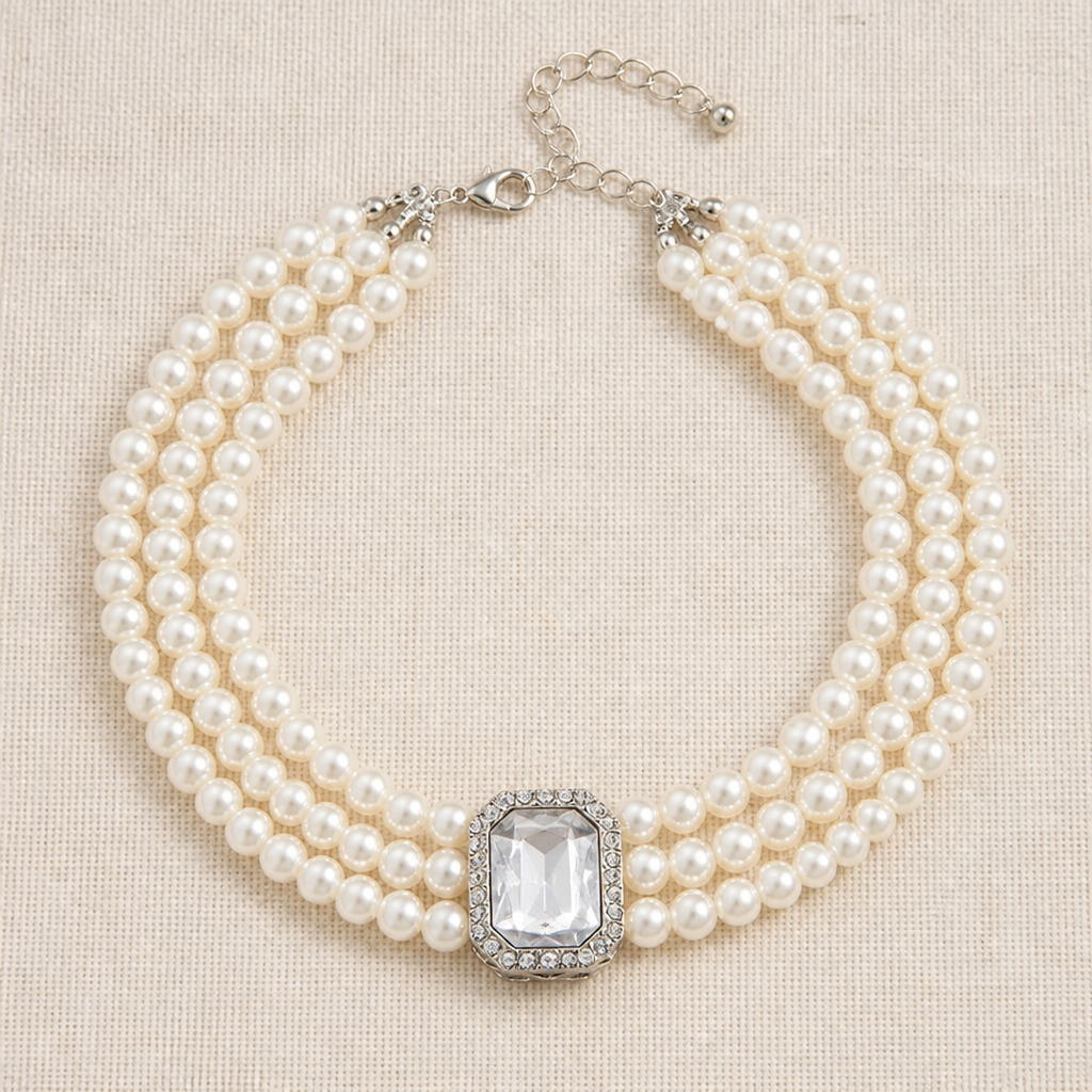 LumaVera™ – Classic Three-Strand Pearl Choker Featuring Crystal Centerpiece