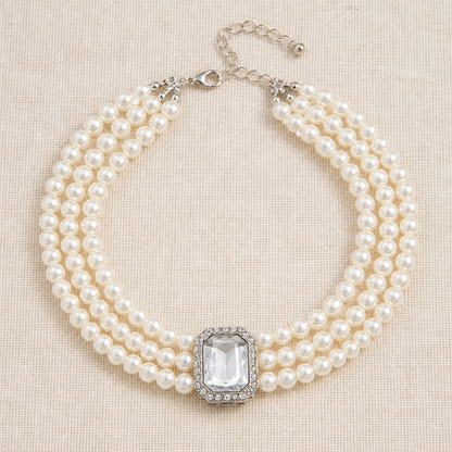 LumaVera™ – Classic Three-Strand Pearl Choker Featuring Crystal Centerpiece
