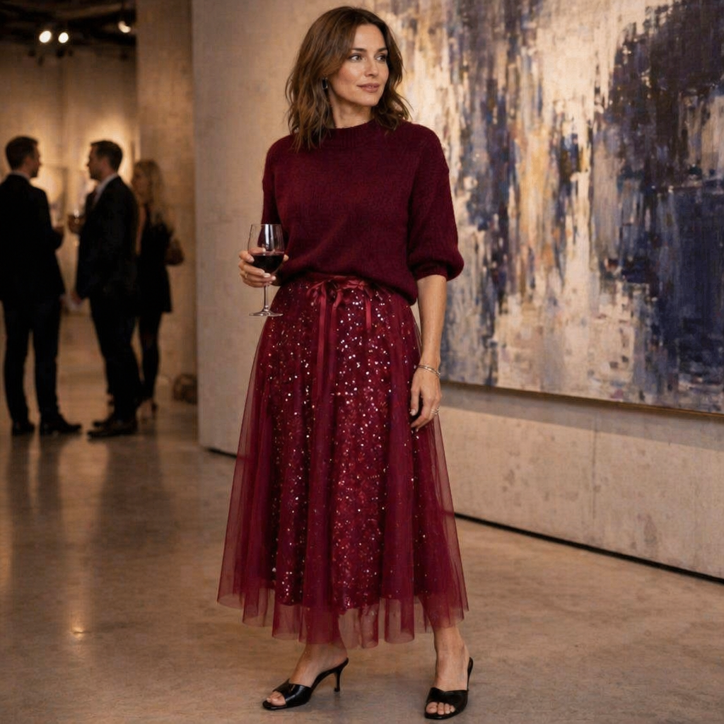 Soraya™ – Sparkling Sequin Tulle Midi Skirt & Soft Knit Sweater Set