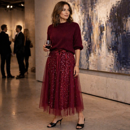 Soraya™ – Sparkling Sequin Tulle Midi Skirt & Soft Knit Sweater Set