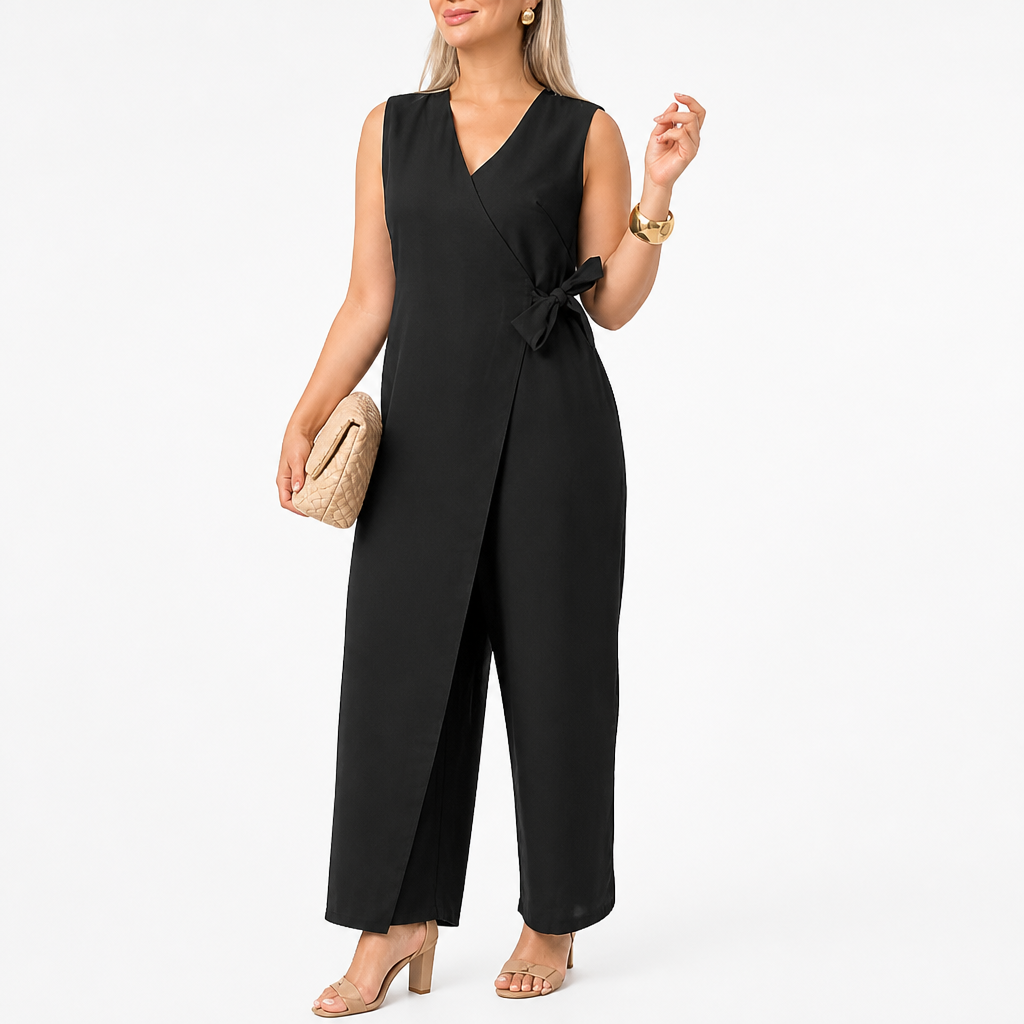 SereneSilhouette™ – Stylish Sleeveless Wrap-Front Jumpsuit with Side Tie