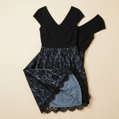 AriaLuxe™ – Lace Midi Dress with V-Neck Wrap Bodice, Curve-Enhancing