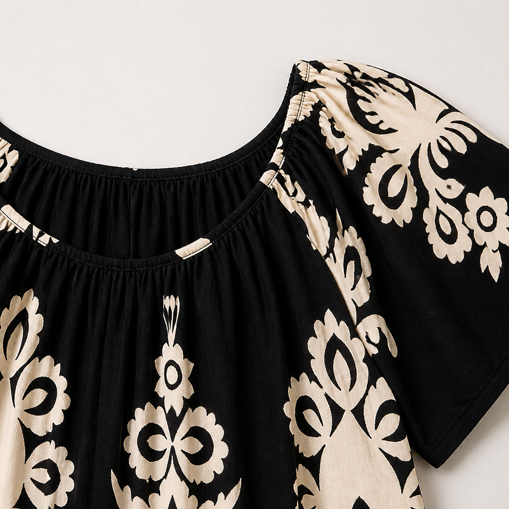 FlexiFit™ – Breezy Boho Patterned Midi Dress with Layered Hem