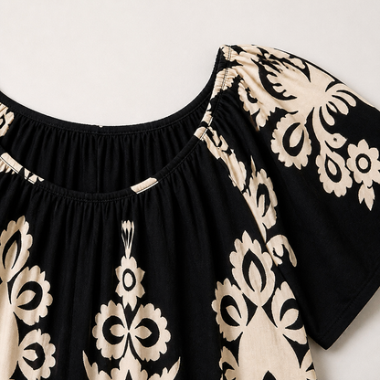 FlexiFit™ – Breezy Boho Patterned Midi Dress with Layered Hem