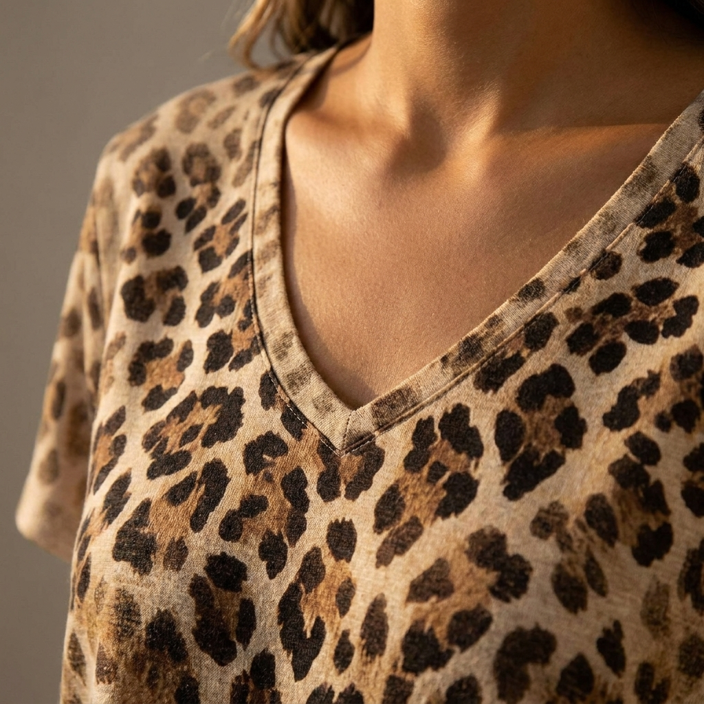 FierzaWear™ – Casual Leopard Print V-Neck Tee Featuring Cutout Detail