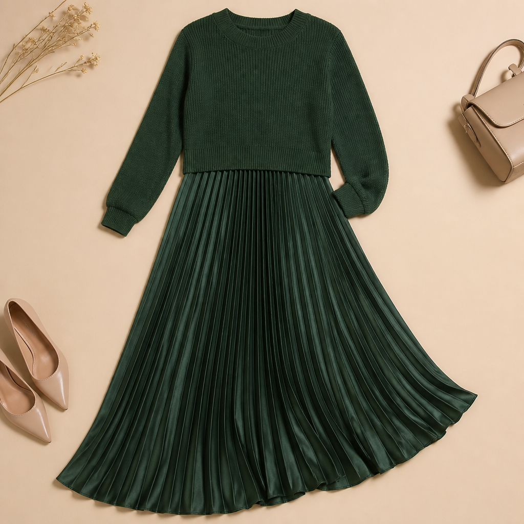 VelaLift™ – Stylish Pleated Maxi Skirt Set Paired with Cropped Knit Top