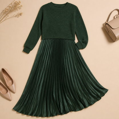 VelaLift™ – Stylish Pleated Maxi Skirt Set Paired with Cropped Knit Top