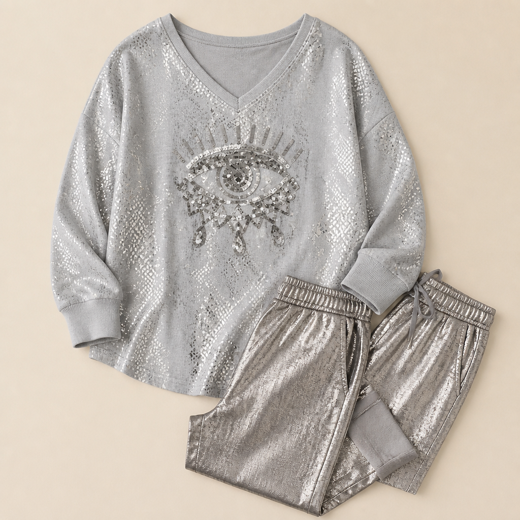 LumaDaze™ – Shimmering Metallic Pant Set with Sequin Evil Eye Top