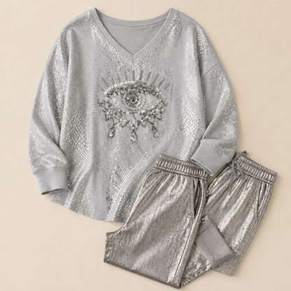 LumaDaze™ – Shimmering Metallic Pant Set with Sequin Evil Eye Top