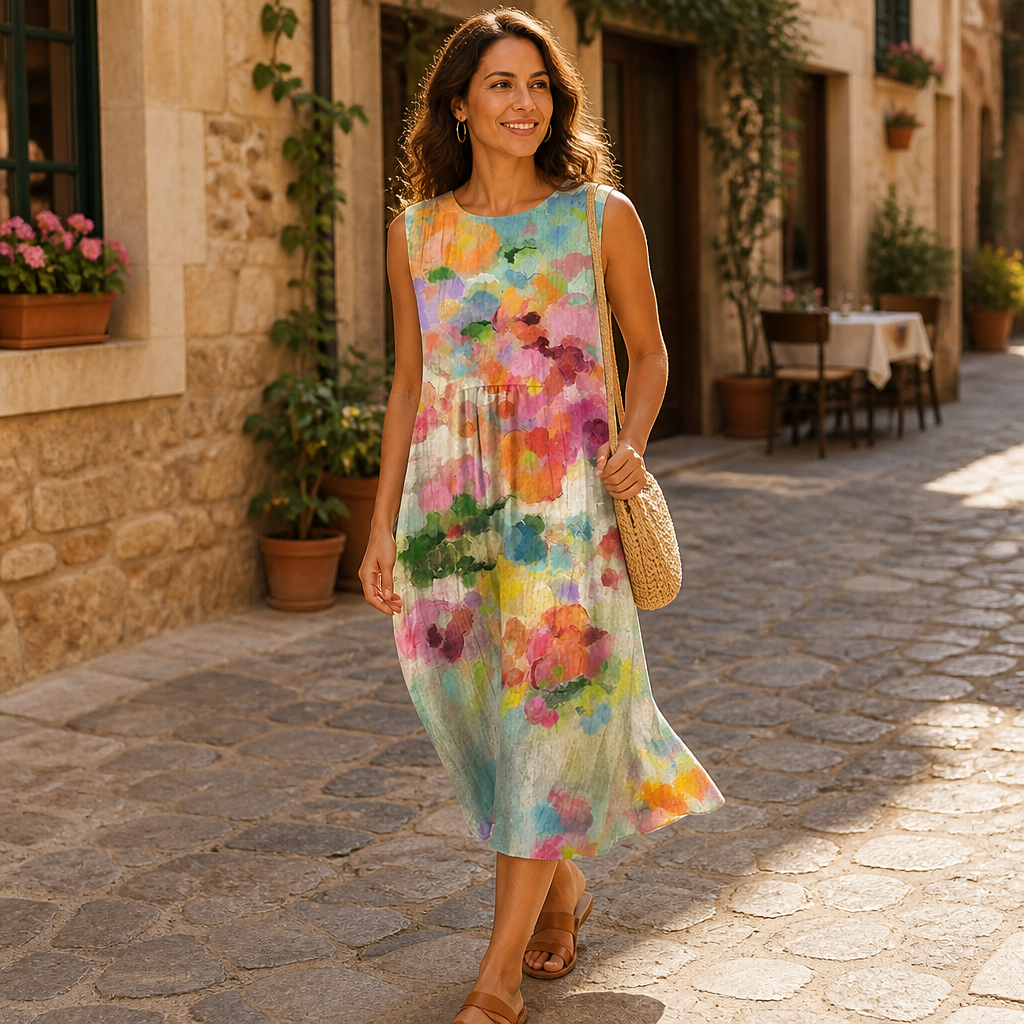 Radianta™ – Sleeveless Midi Dress with Watercolor Print and Side Pockets