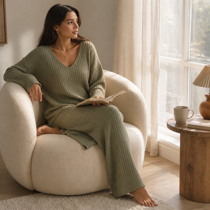 Serelis™ – Cozy Ribbed V-Neck Lounge Set with Wide-Leg Trousers