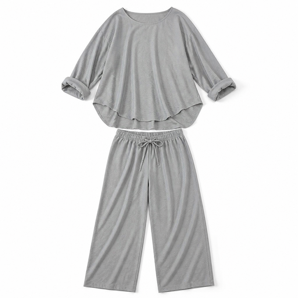 TrueStyle™ – Laid-Back Two-Piece Outfit with Asymmetric Hem & Wide-Leg Trousers