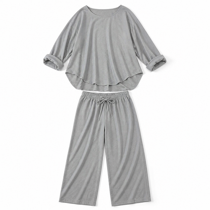TrueStyle™ – Laid-Back Two-Piece Outfit with Asymmetric Hem & Wide-Leg Trousers