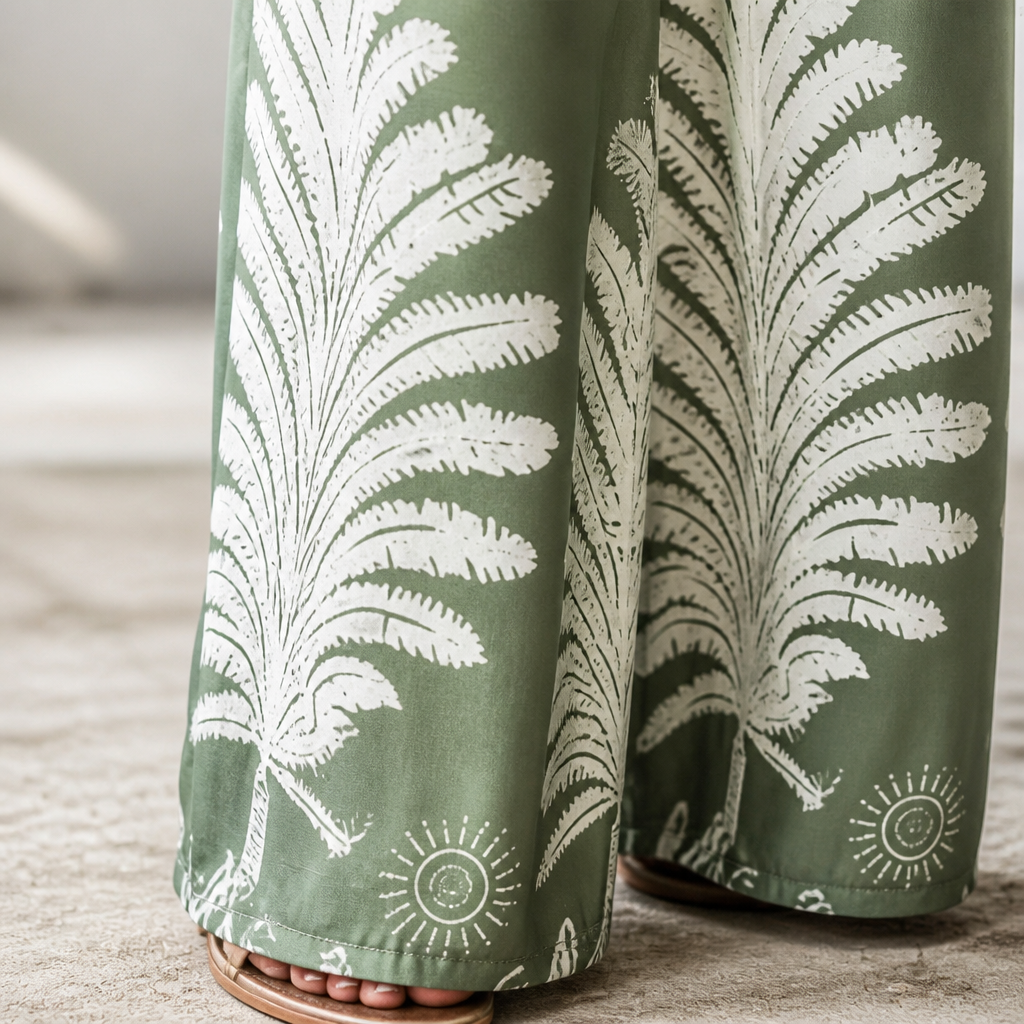 SolaraBreeze™ – Strapless Palazzo Jumpsuit with Tropical Palm Print