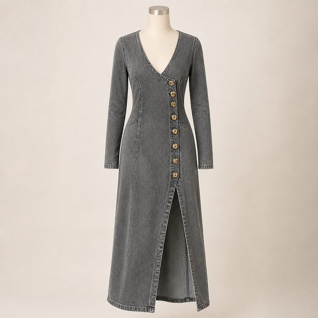 LuxeaSilk™ – Gentle Denim V-Neck Maxi Dress with Buttoned Side Slit