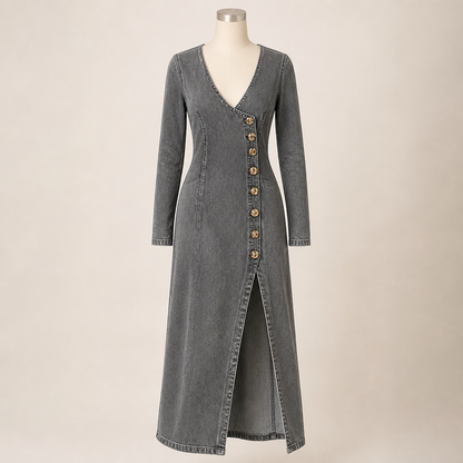 LuxeaSilk™ – Gentle Denim V-Neck Maxi Dress with Buttoned Side Slit