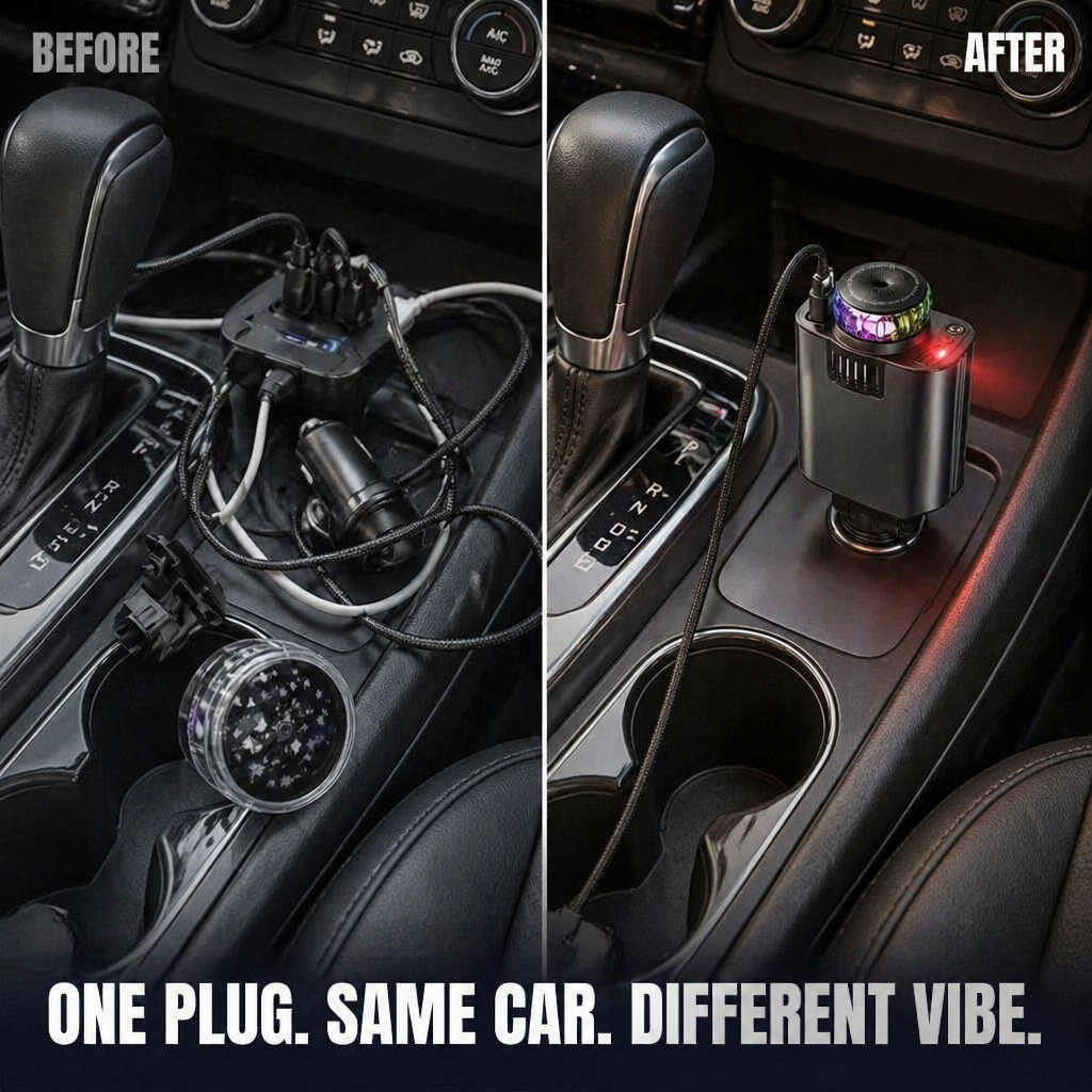 LumiVibe™ — Power, Fragrance & Star-Projection for Your Car from a Single Plug