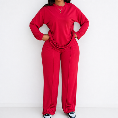 ElysianEase™ – Comfortable Long Sleeve Shirt & Wide-Leg Trousers Set
