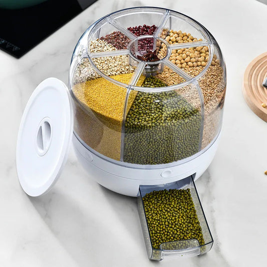 360° GrainVault: Rotatable Moisture-Resistant Grain Dispenser for Kitchen Use
