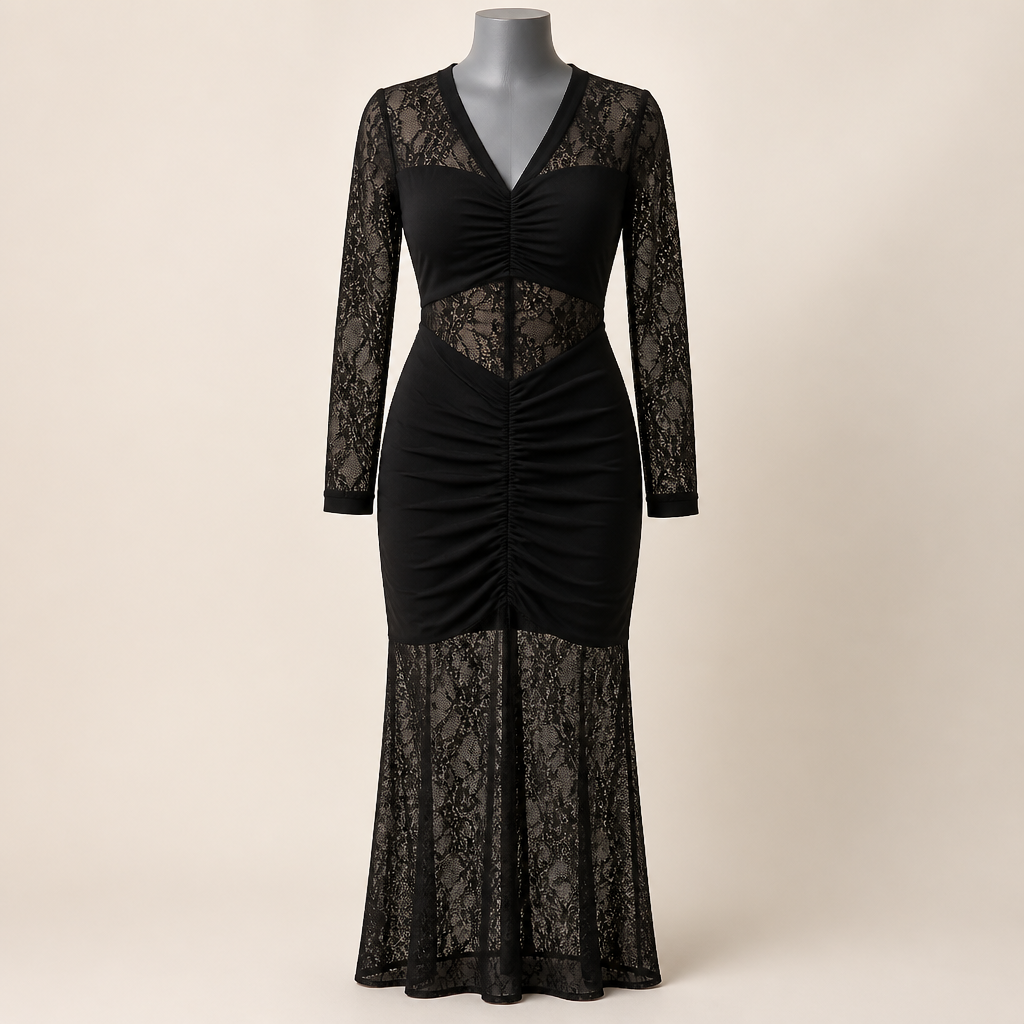 Ravissa™ – Ruched Midsection Sculpting Lace V-Neck Maxi Dress