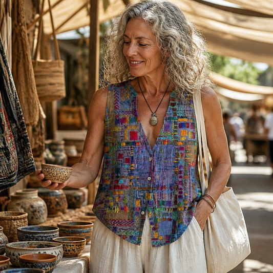 ViviaHue™ – Creative Patchwork Sleeveless V-Neck Button Top