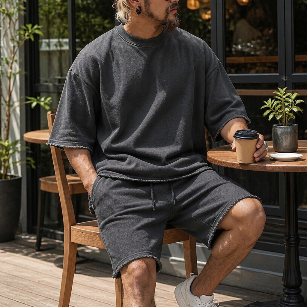 ArdentFlex™ – Comfortable Loose-Fit Raw-Edge Tee & Shorts Set
